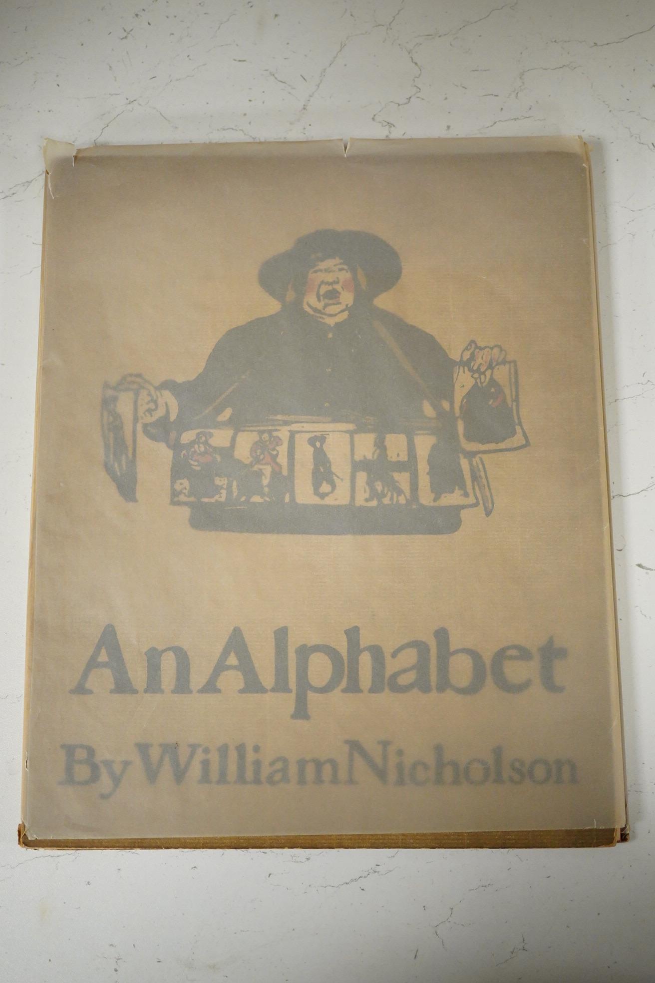 Nicholson, William - An Alphabet. 1st edition. coloured title device and 26 coloured lithographed plates, sports almanac slip tipped-in at end; original coloured pictorial boards, 4to. 1898